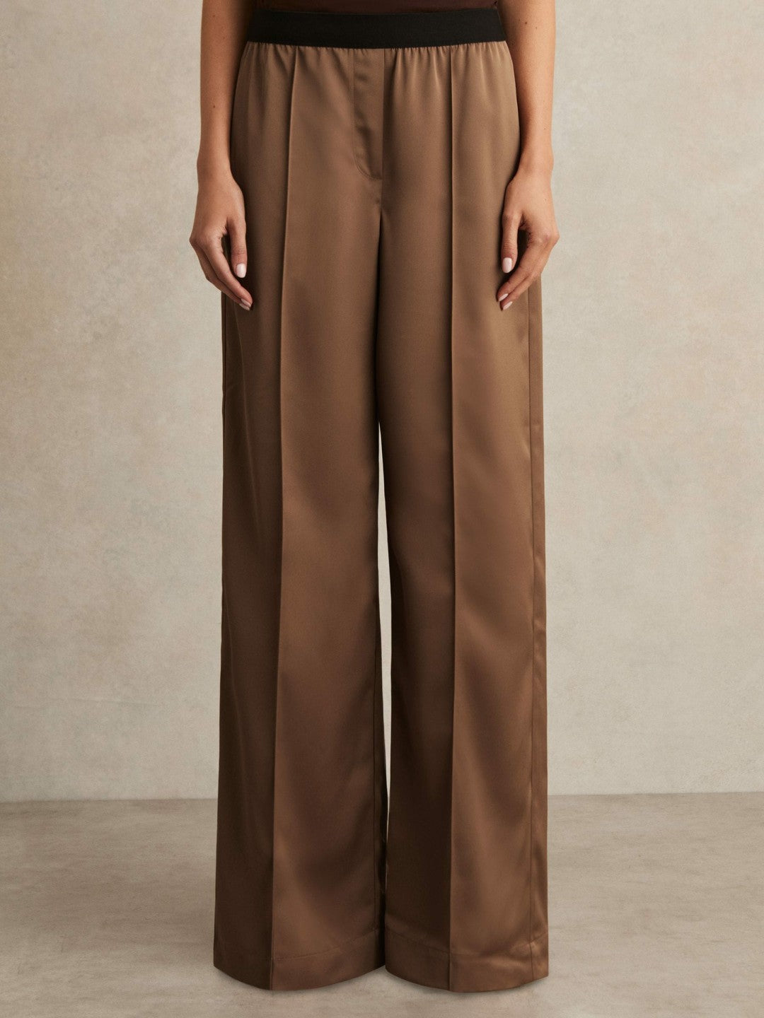 Petite Satin Wide Leg Elastic Waist Trousers Taupe Neutral | Women