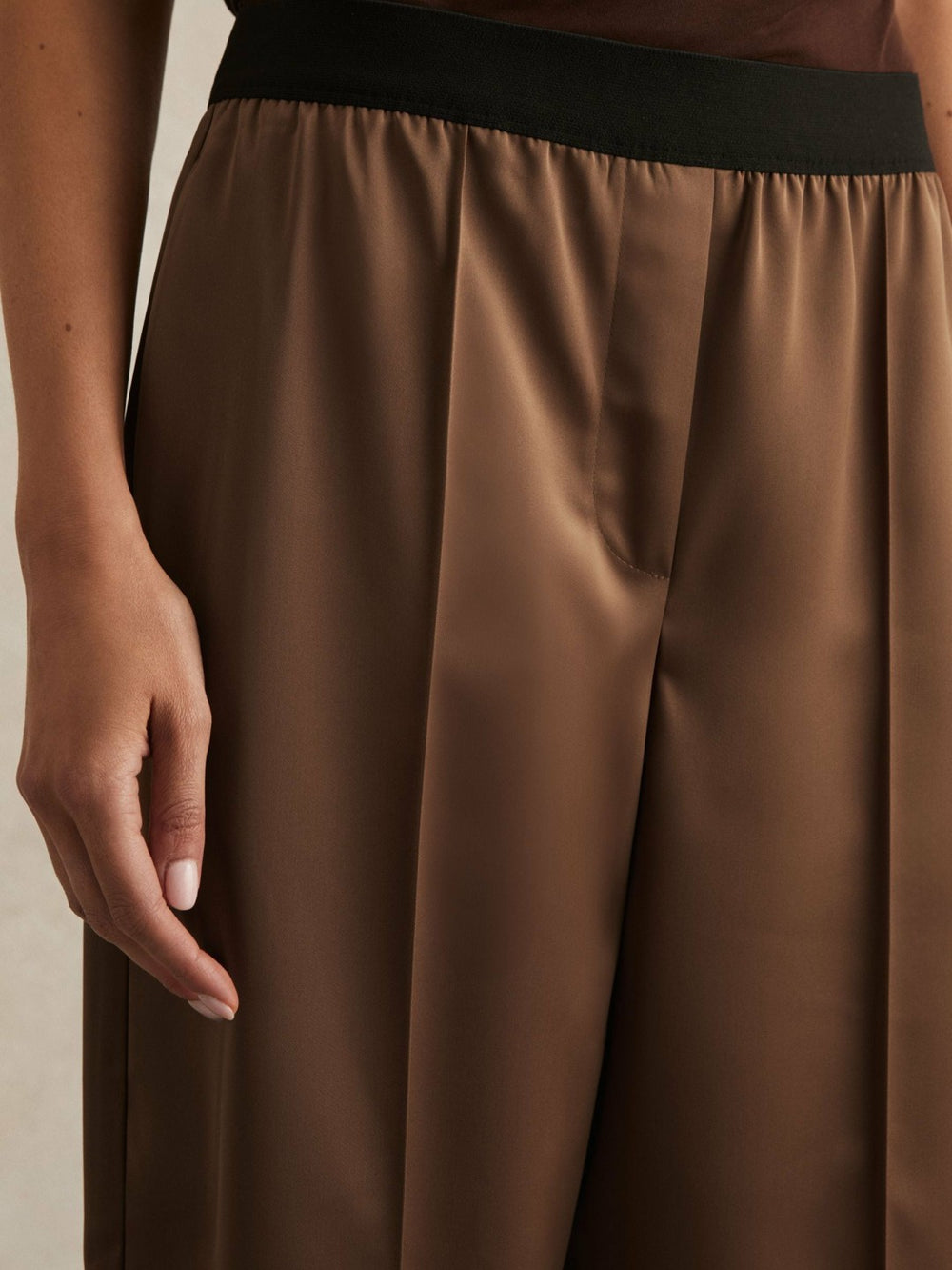 Petite Satin Wide Leg Elastic Waist Trousers Taupe Neutral | Women