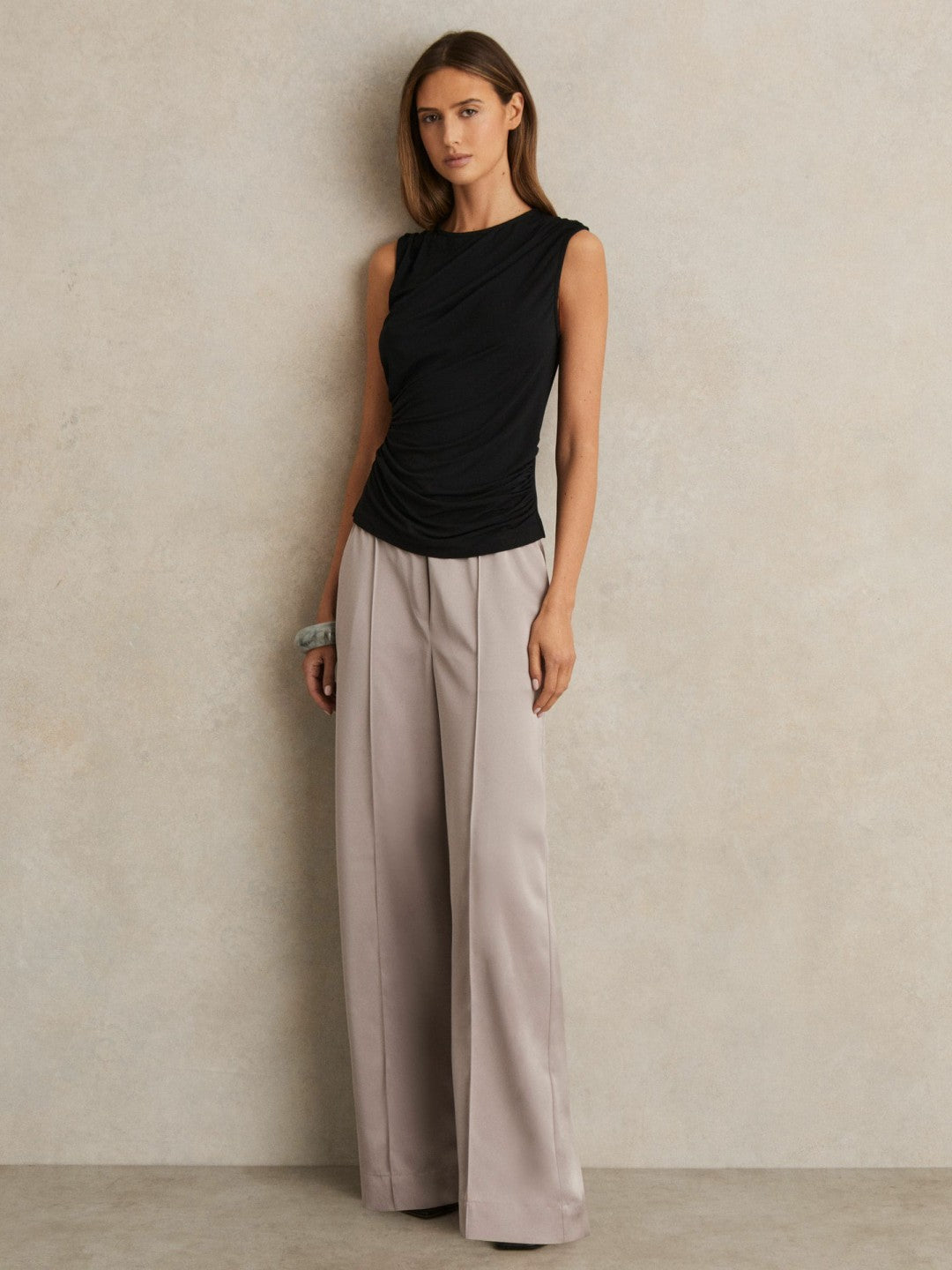 Satin Wide Leg Elastic Waist Trousers Grey | Women