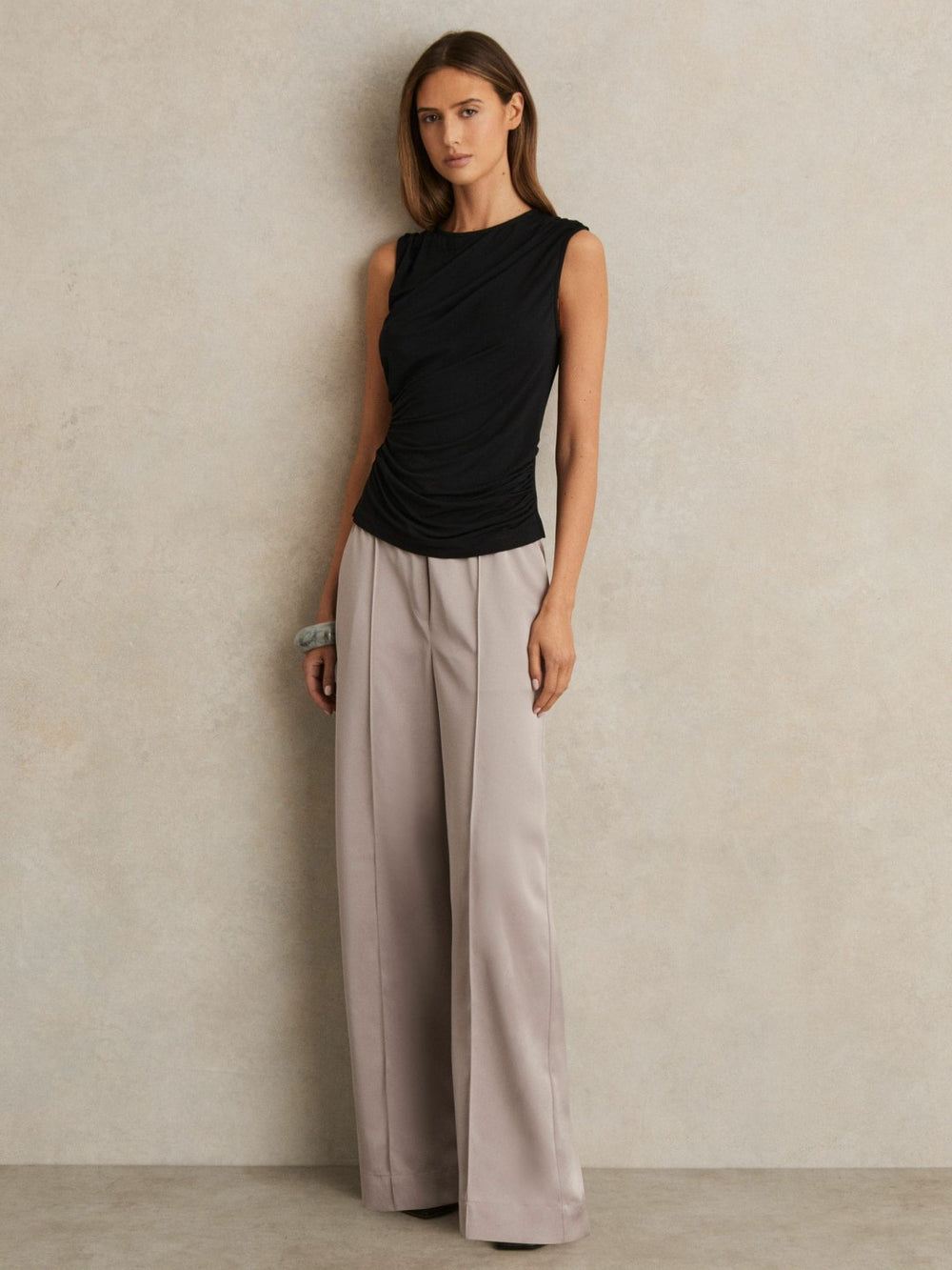 Satin Wide Leg Elastic Waist Trousers Grey | Women
