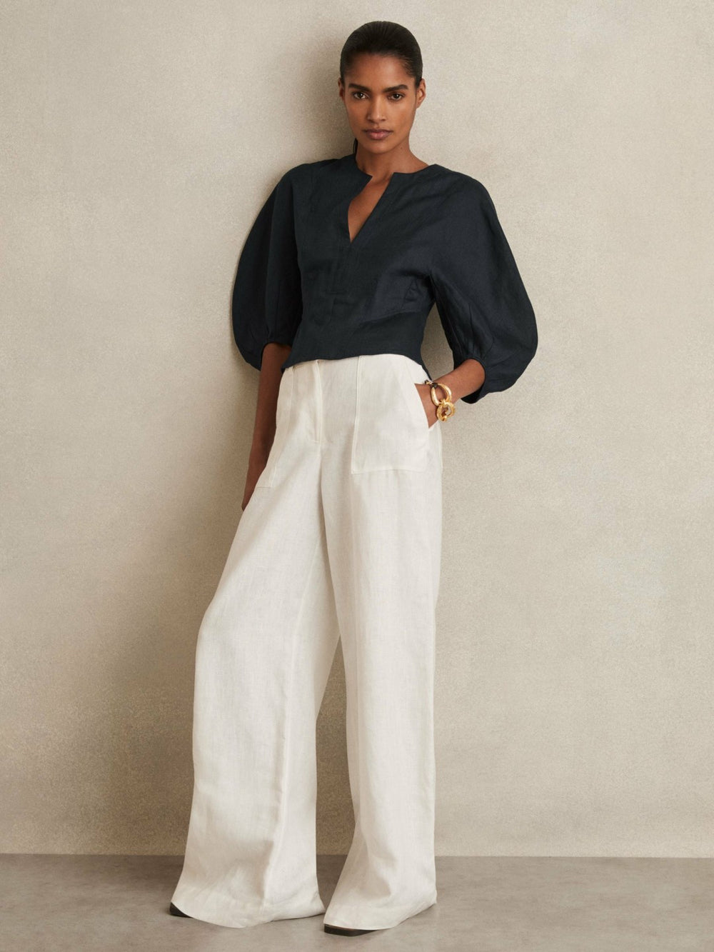 Linen Balloon-Sleeve Top Navy | Women