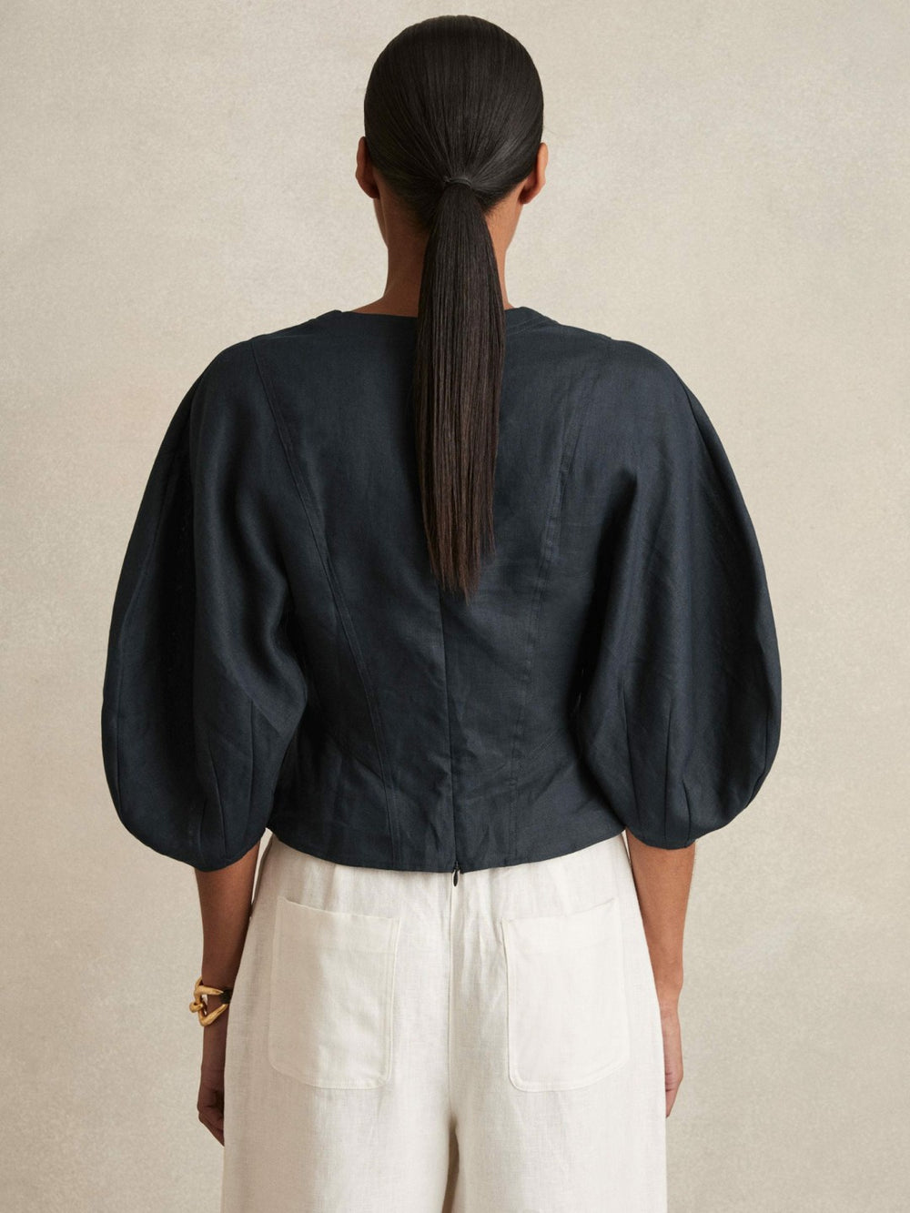 Linen Balloon-Sleeve Top Navy | Women
