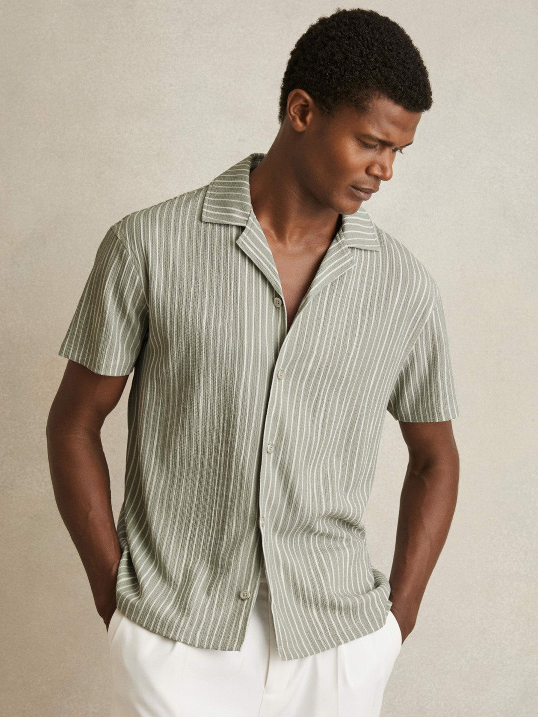 Textured Stripe Cuban Collar Shirt Sage/White | Men
