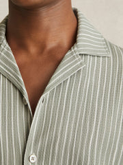 Textured Stripe Cuban Collar Shirt Sage/White | Men