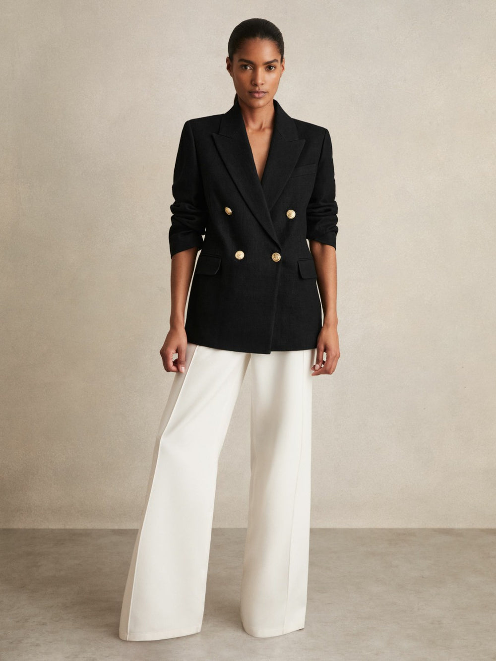 Oversized Double-Breasted Blazer Linen-Blend Black | Women