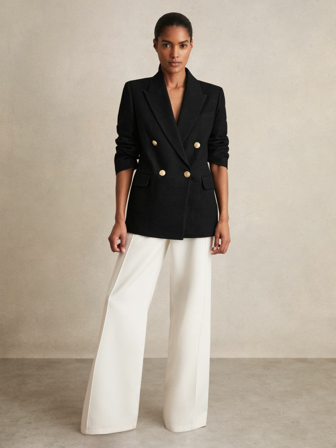 Petite Oversized Double-Breasted Blazer Linen-Blend Black | Women