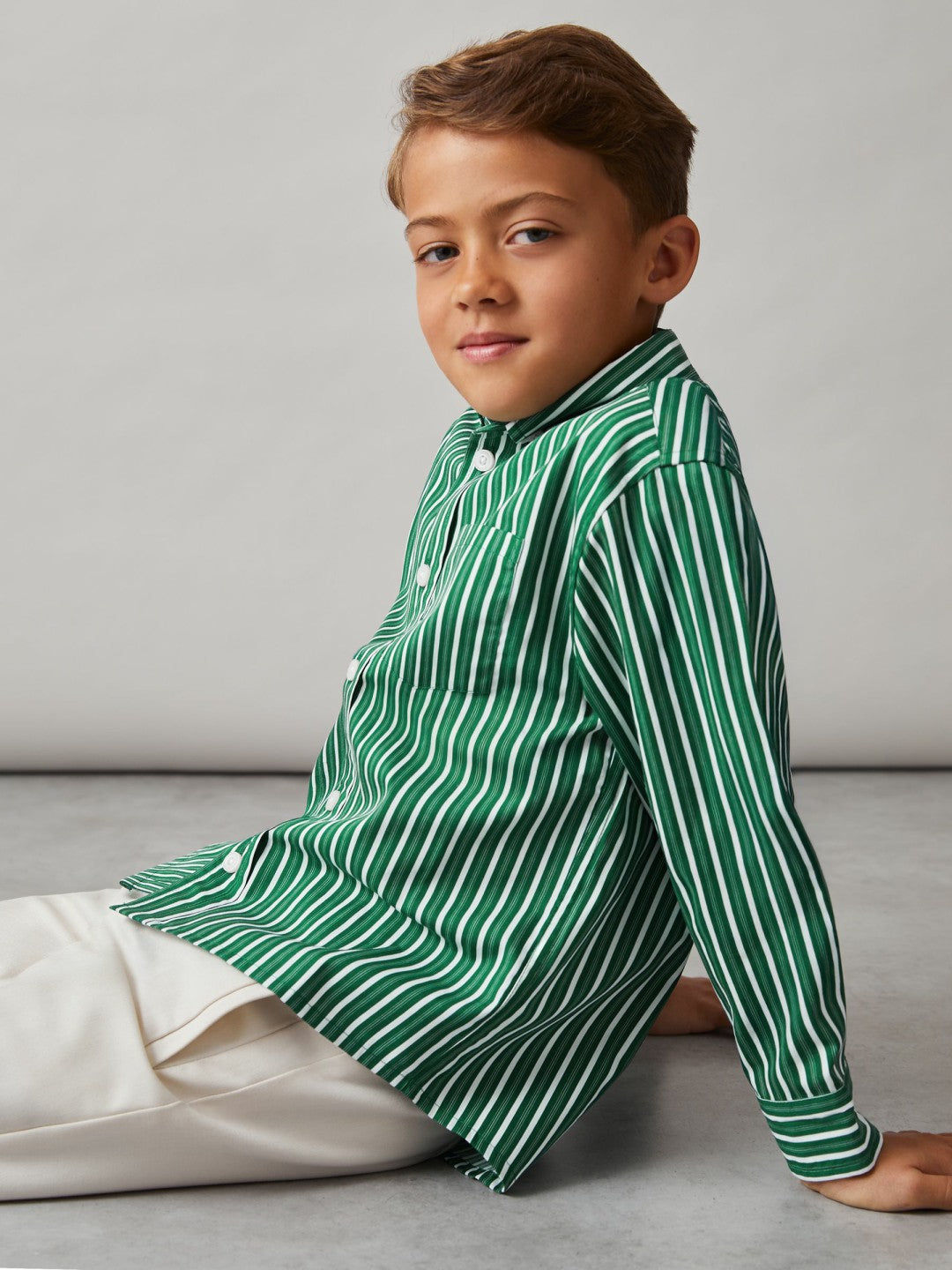 9-13 yrs Cotton-Poplin Striped Oversize Shirt Green/White | Children & Baby