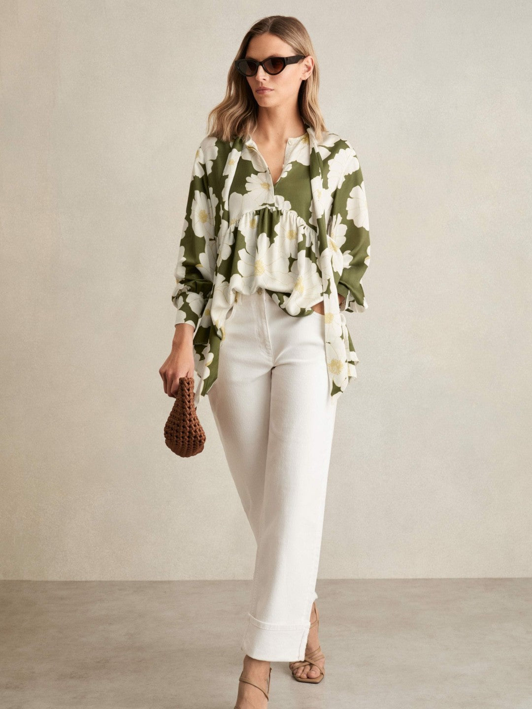 Floral Tie-Neck Swing Blouse Ivory/Green | Women