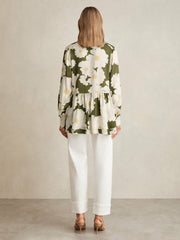Floral Tie-Neck Swing Blouse Ivory/Green | Women