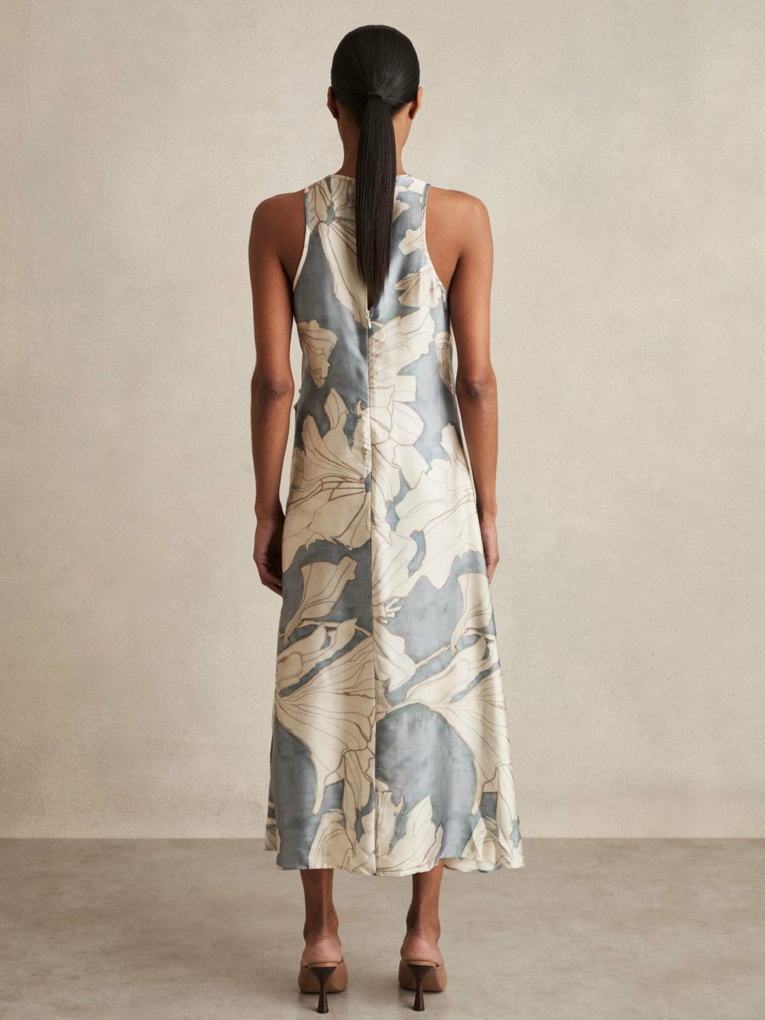 Satin Floral Drape Midi Dress Blue | Women
