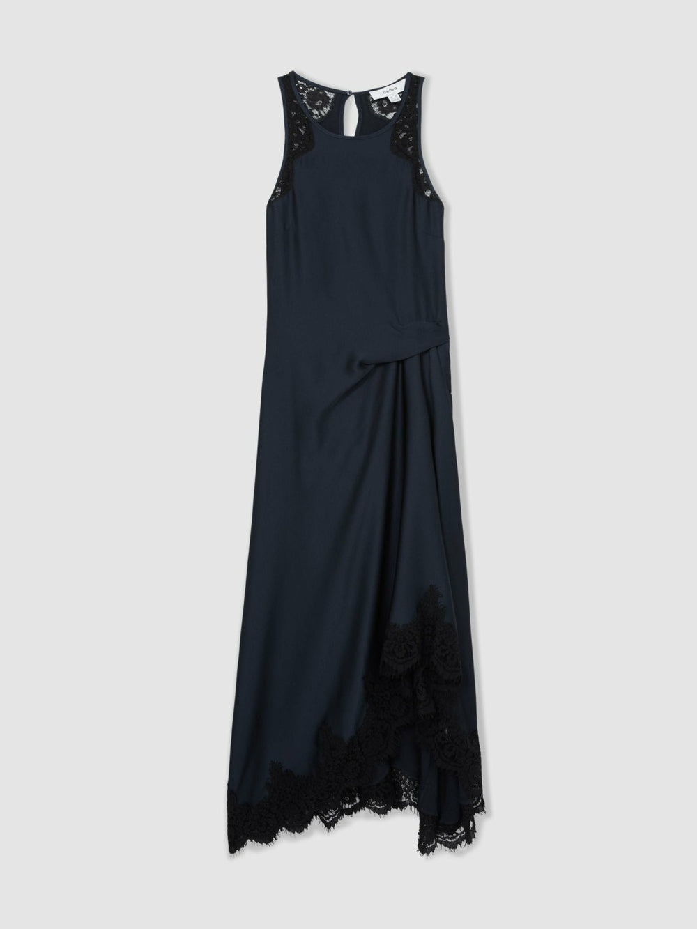 Petite Satin Drape Lace-Trim Dress Navy | Women