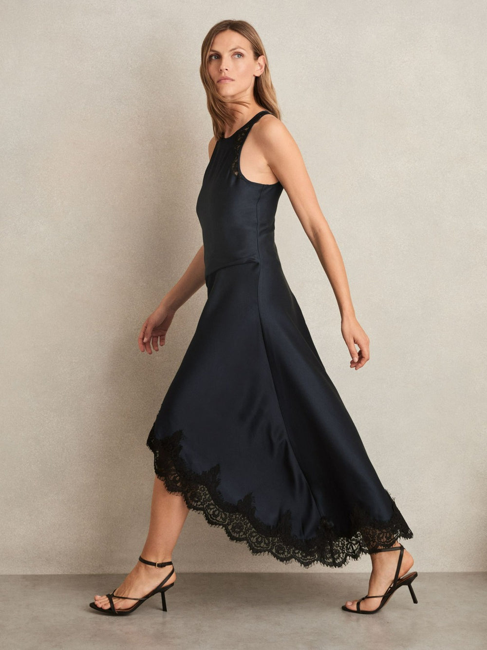 Petite Satin Drape Lace-Trim Dress Navy | Women