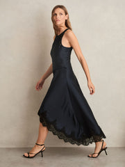 Petite Satin Drape Lace-Trim Dress Navy | Women