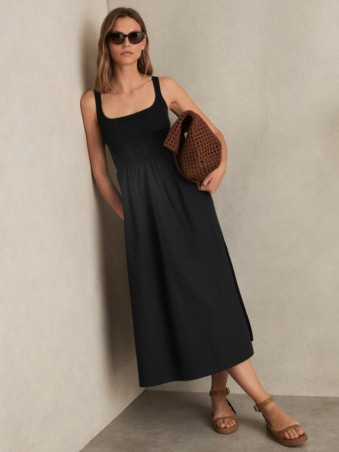 Perforated-Knit Cotton-Skirt Midi Dress Navy | Women