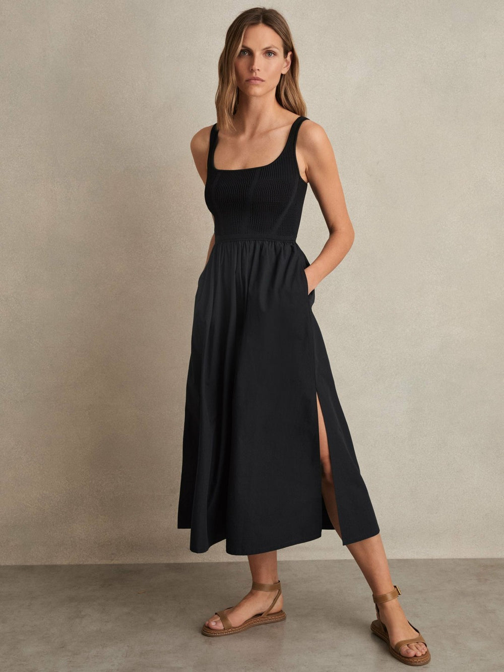 Perforated-Knit Cotton-Skirt Midi Dress Navy | Women