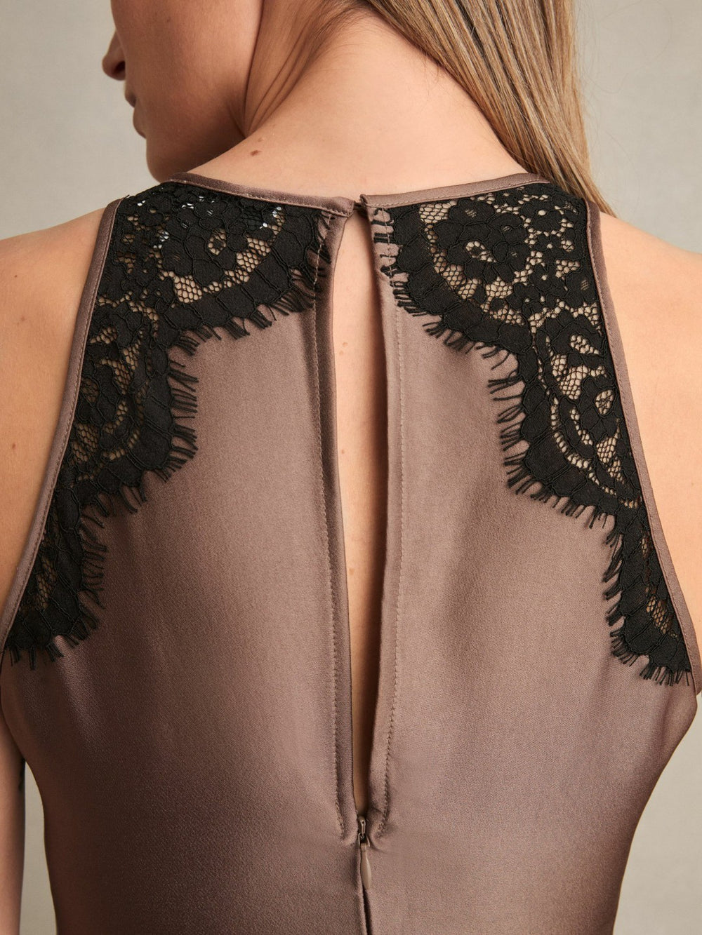 Satin Drape Lace-Trim Dress Mocha Brown | Women