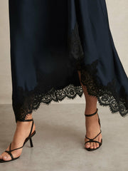 Satin Drape Lace-Trim Dress Navy | Women