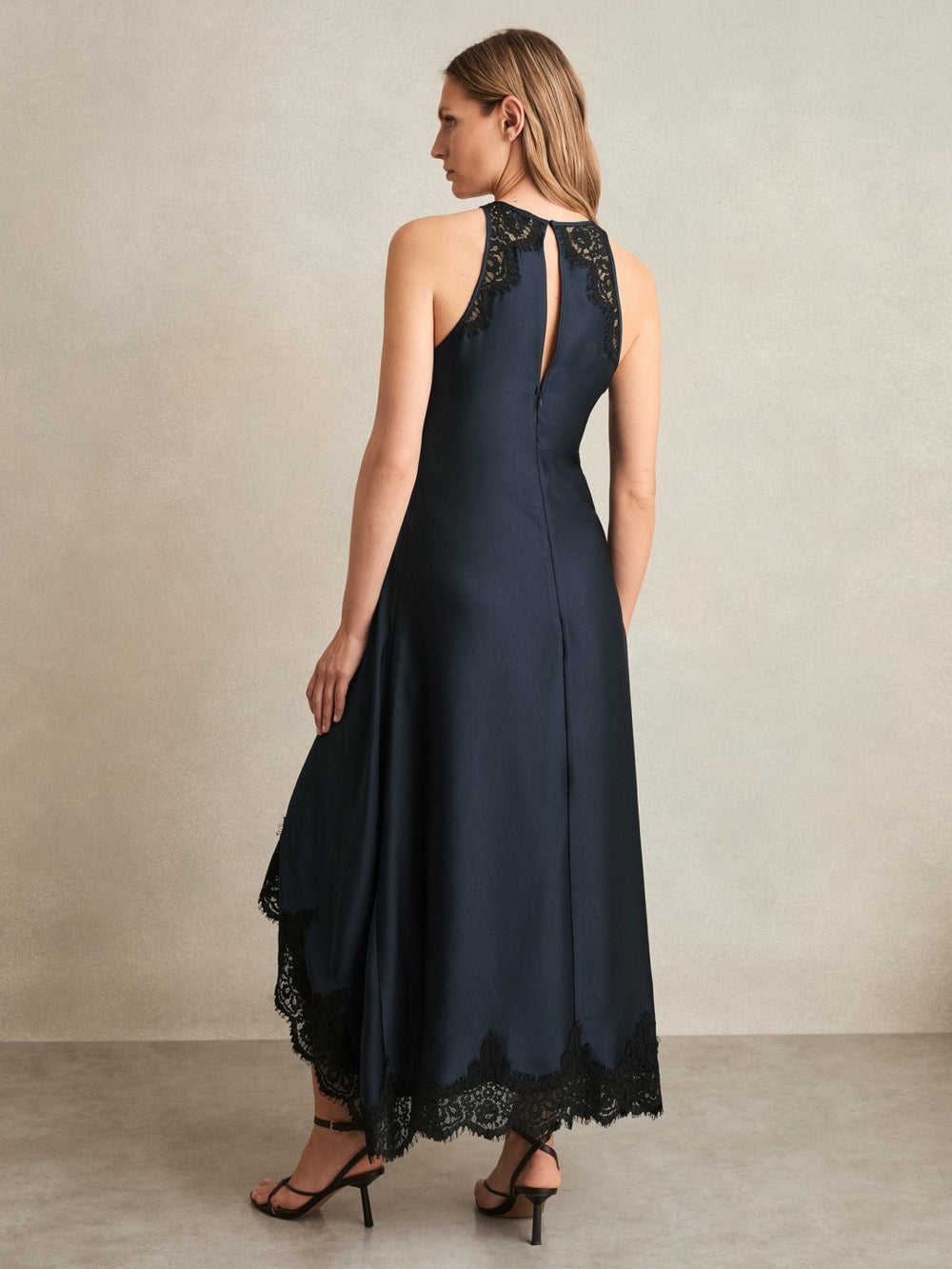 Satin Drape Lace-Trim Dress Navy | Women