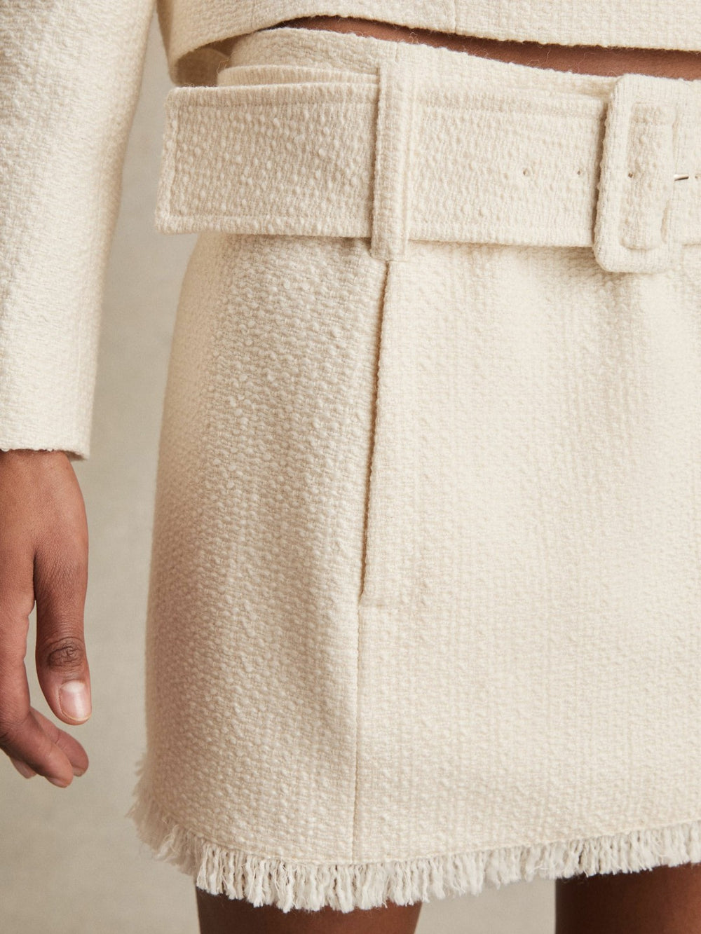 Bouclé Belted Mini Skirt With Wool and Cotton White | Women