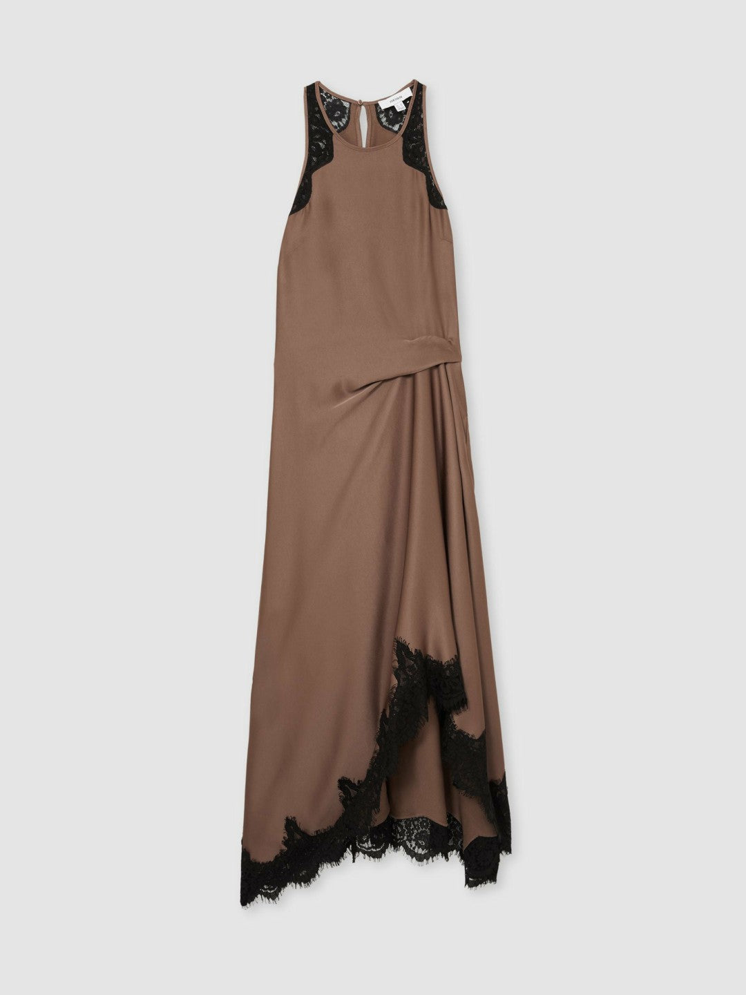 Petite Satin Drape Lace-Trim Dress Mocha Brown | Women