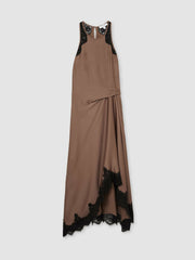 Petite Satin Drape Lace-Trim Dress Mocha Brown | Women