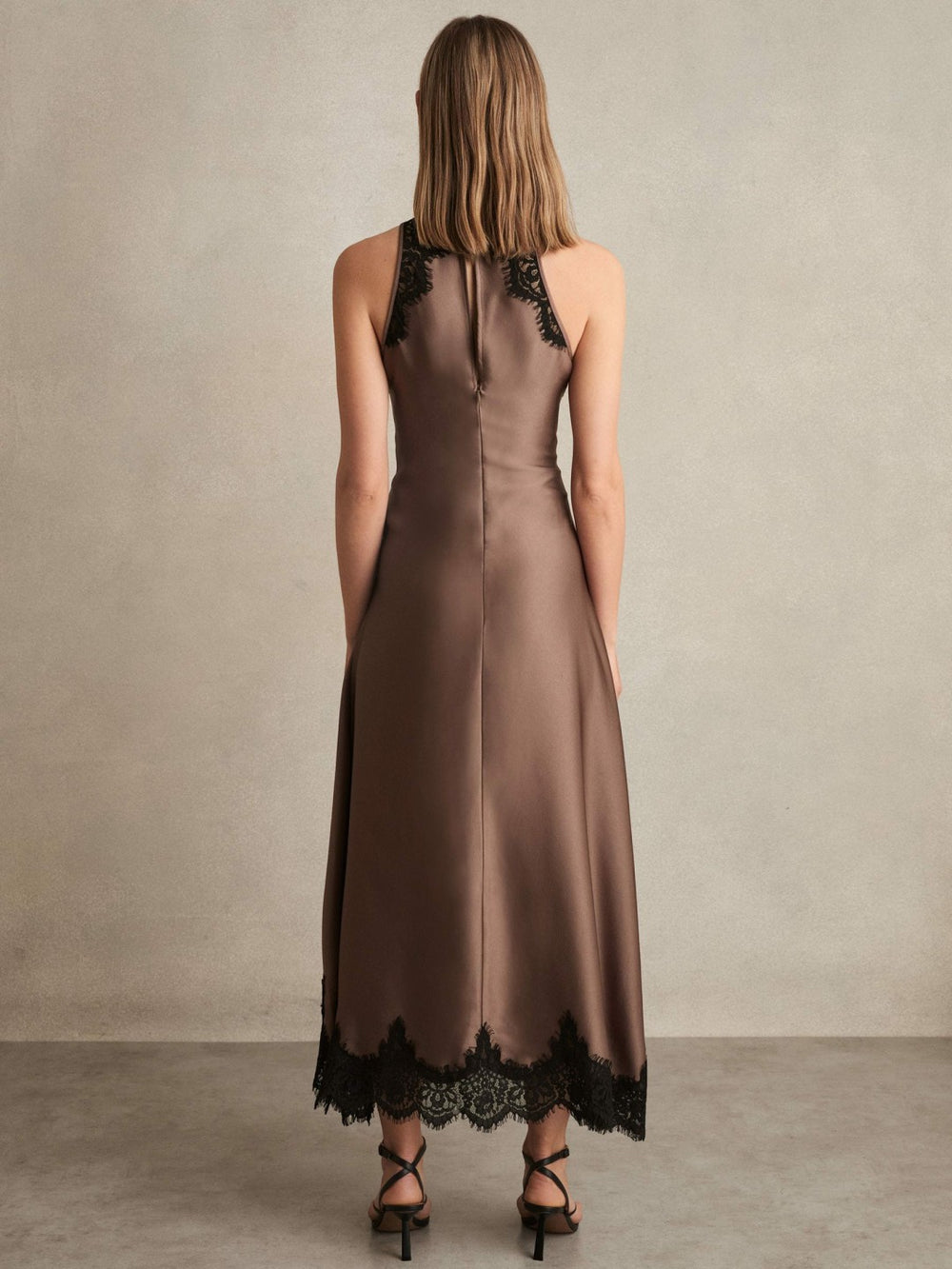 Petite Satin Drape Lace-Trim Dress Mocha Brown | Women
