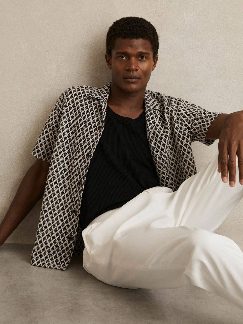 Geometric-Crochet Cuban-Collar Shirt Navy/White | Men