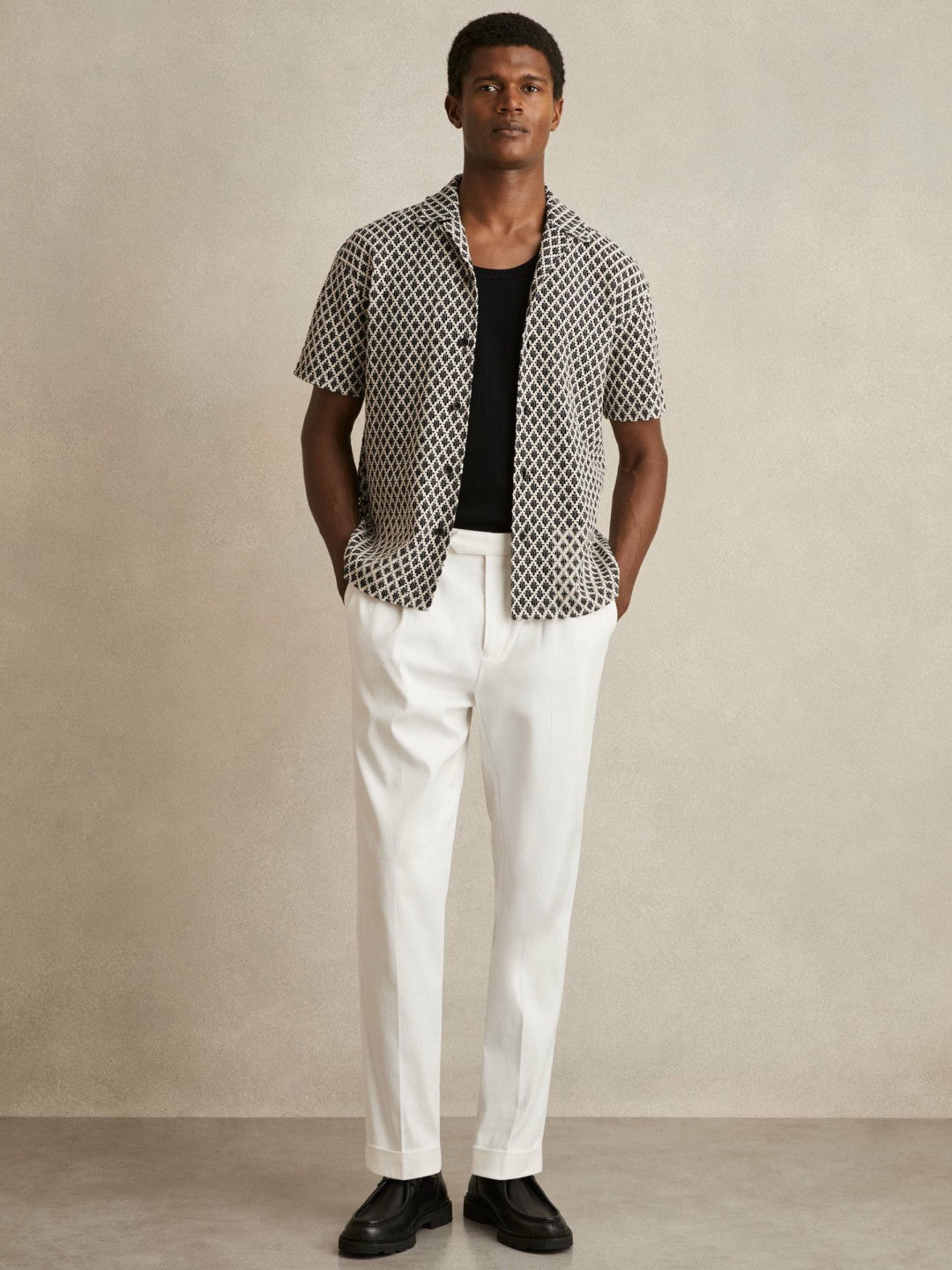 Geometric-Crochet Cuban-Collar Shirt Navy/White | Men