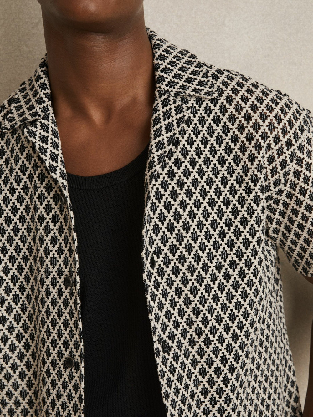 Geometric-Crochet Cuban-Collar Shirt Navy/White | Men