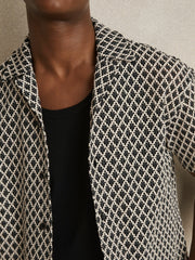 Geometric-Crochet Cuban-Collar Shirt Navy/White | Men
