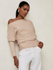 Asymmetric Draped Knitted Jumper Oatmeal Neutral | Women