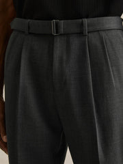 Wool-Blend Belted Pleated Trousers Regular-Fit Charcoal Grey | Men