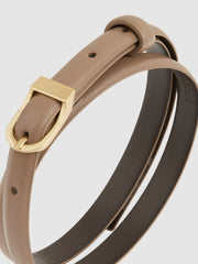 Leather Curved-Buckle Skinny Belt Taupe | Women