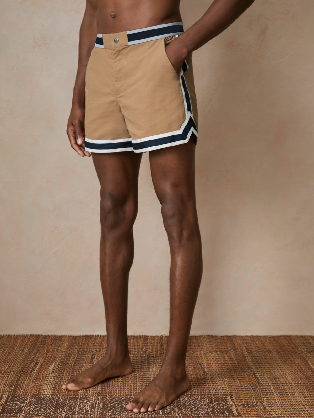 | Ché Stripe-Trim Swim Shorts Camel | Men