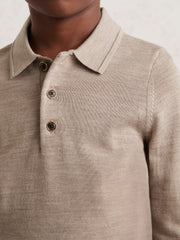 9-13 yrs Merino Wool Long-Sleeve Polo Shirt Wheat Melange | Children & Baby