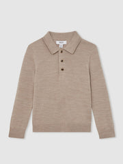 9-13 yrs Merino Wool Long-Sleeve Polo Shirt Wheat Melange | Children & Baby
