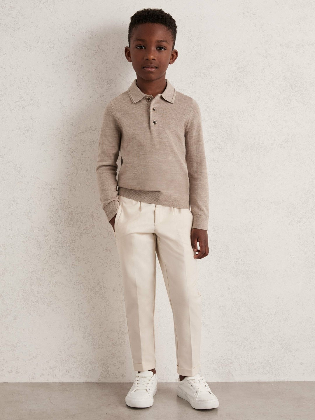 9-13 yrs Merino Wool Long-Sleeve Polo Shirt Wheat Melange | Children & Baby
