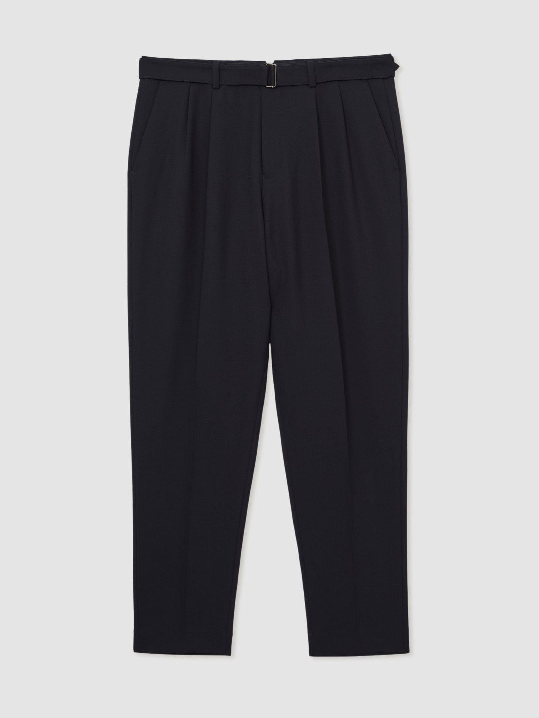 Wool-Blend Belted Pleated Trousers Regular-Fit Navy | Men