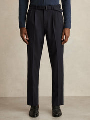 Wool-Blend Belted Pleated Trousers Regular-Fit Navy | Men