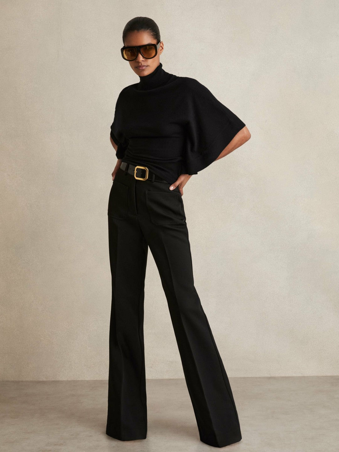 Merino Wool Batwing Roll-Neck Jumper Black | Women