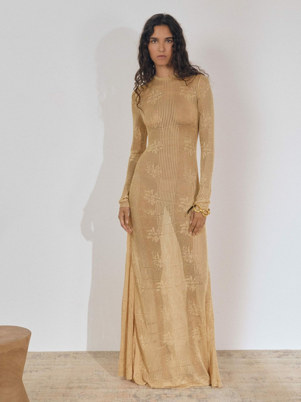Lace-Knit Ruched Maxi Dress Gold | Women