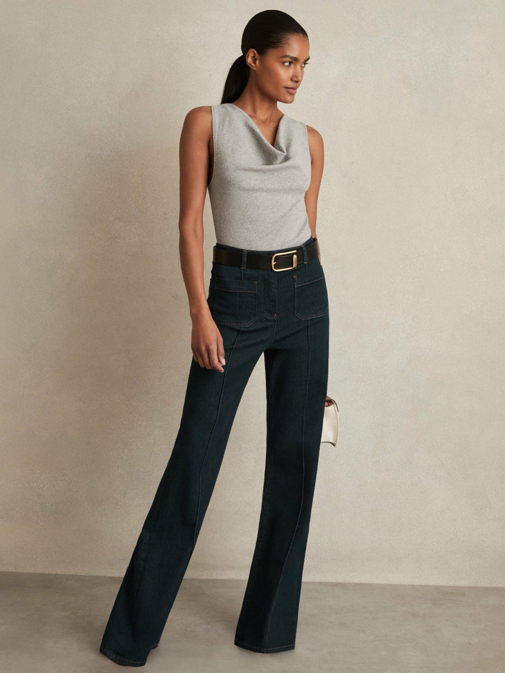 Ribbed Cowl-Neck Vest Grey Marl | Women
