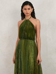 Halston Metallic Pleated Maxi Dress Dark Olive Green | Women