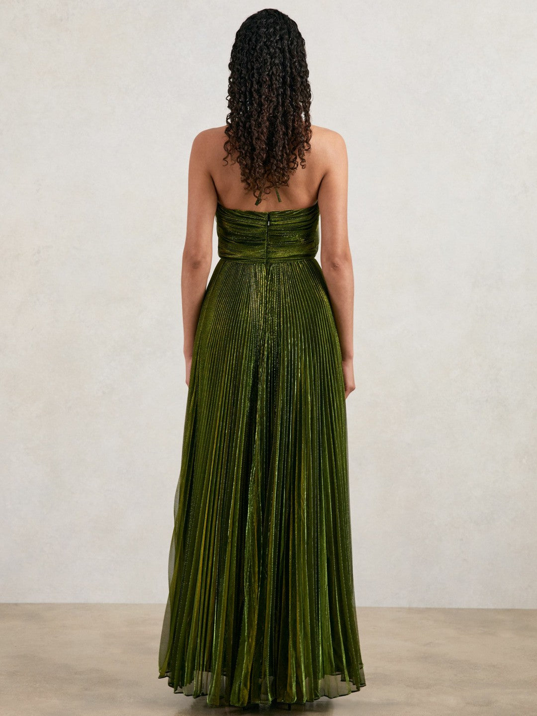 Halston Metallic Pleated Maxi Dress Dark Olive Green | Women