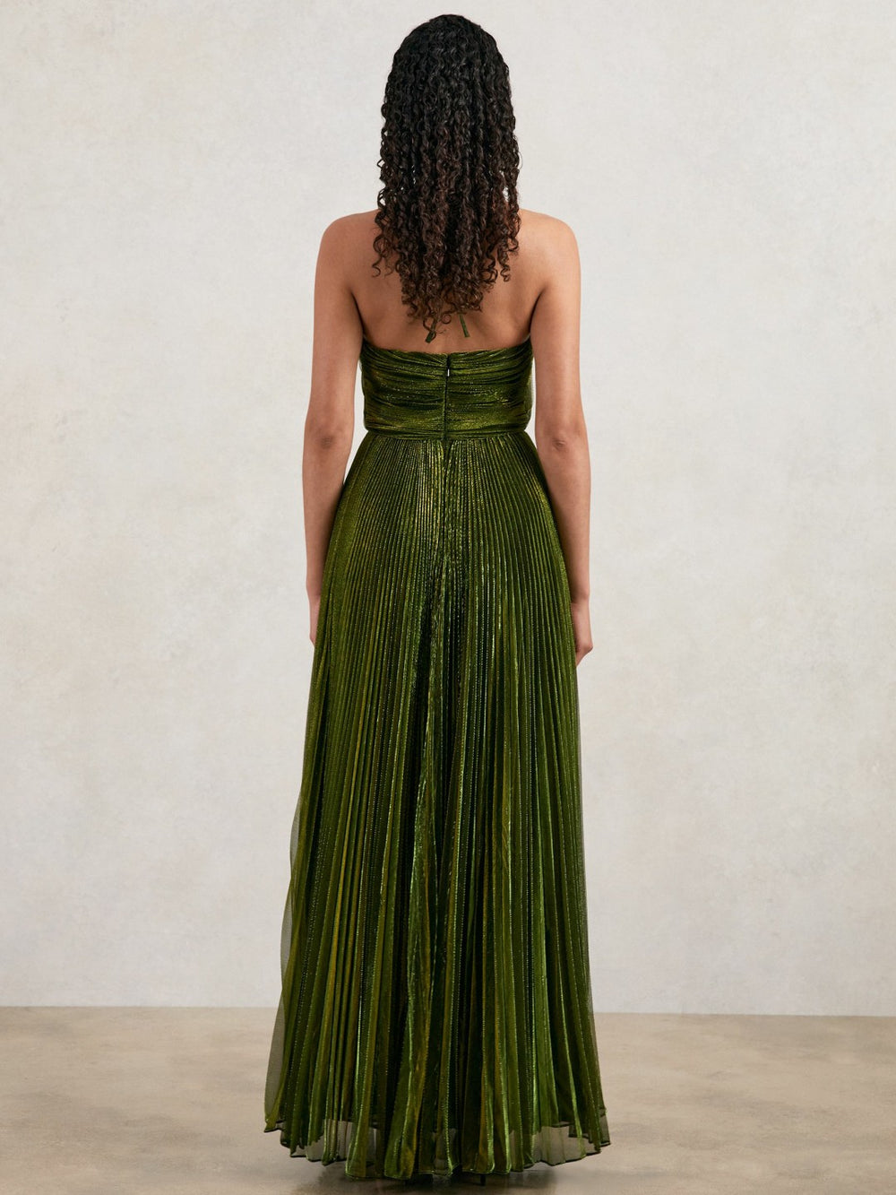 Halston Metallic Pleated Maxi Dress Dark Olive Green | Women