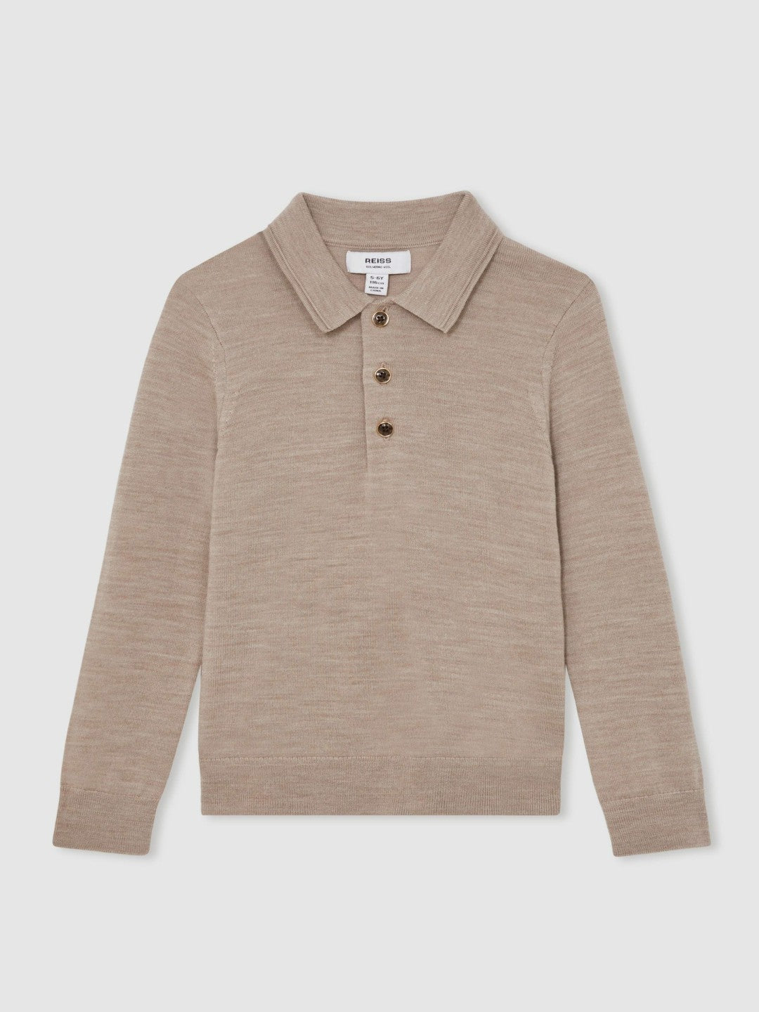 13-14 yrs Merino Wool Long-Sleeve Polo Shirt Wheat Melange | Children & Baby