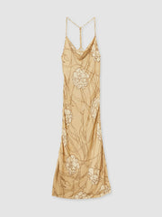Satin Floral-Print Slip Maxi Dress Gold | Women