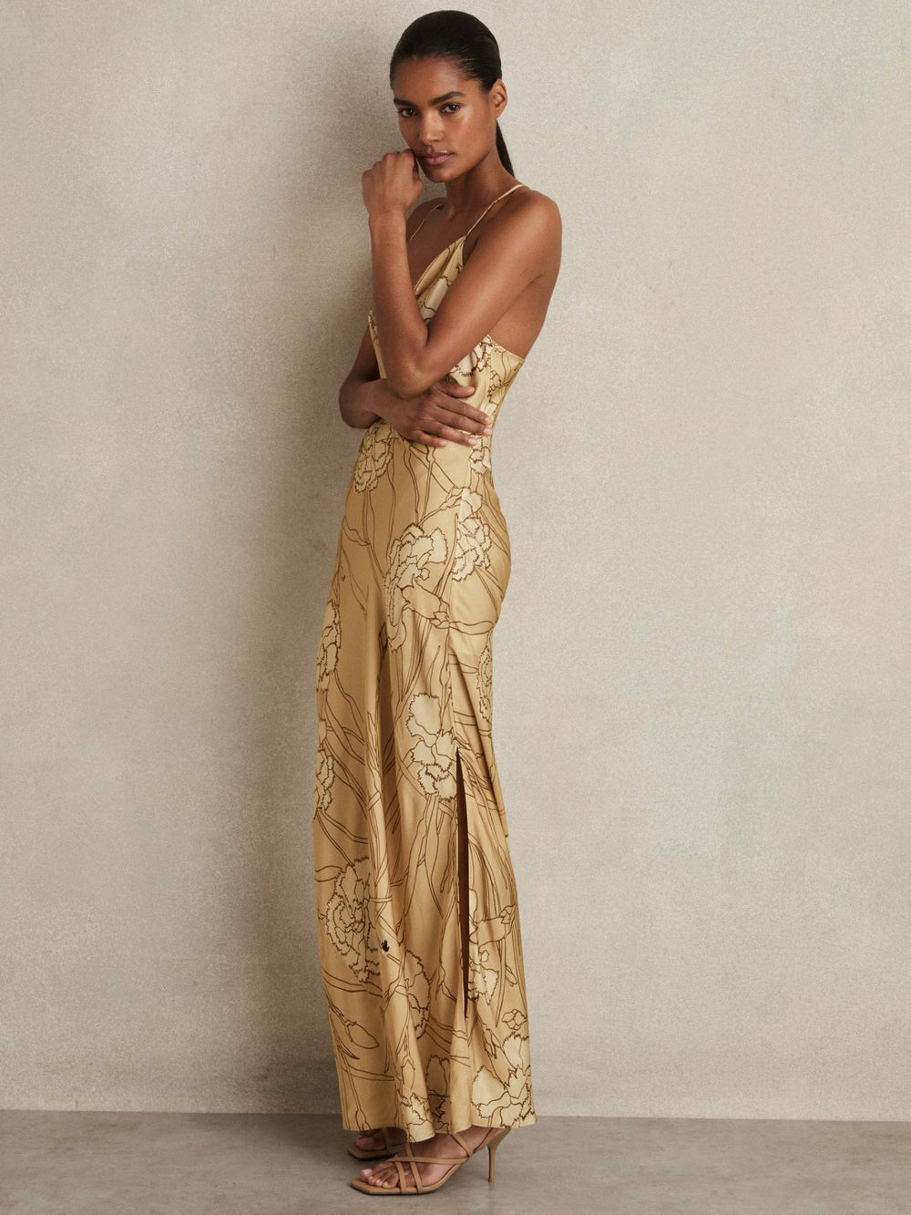 Satin Floral-Print Slip Maxi Dress Gold | Women