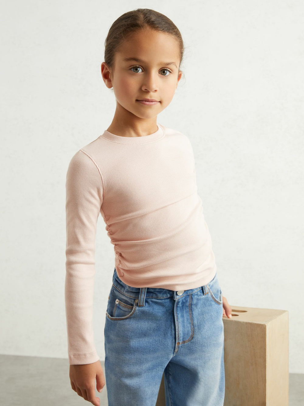 13-14 yrs Cotton Ruched Long-Sleeve T-Shirt with Stretch Pale Pink | Children & Baby