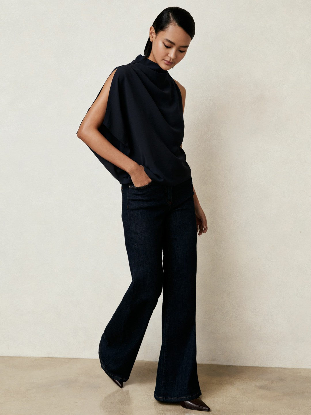 One-Shoulder Draped Top Navy | Women